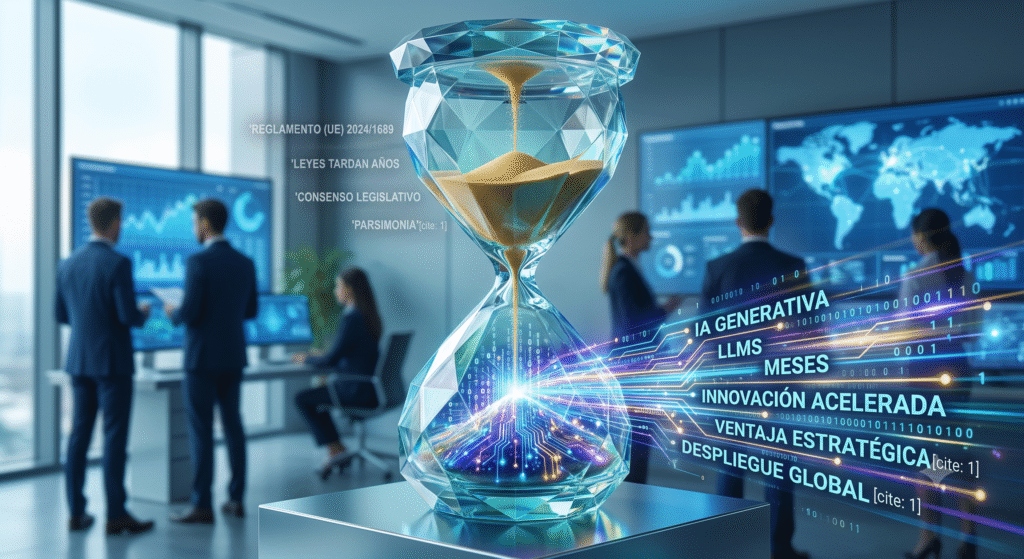Reloj de arena digital representando el pacing problem: la brecha temporal entre la innovación en IA y la regulación