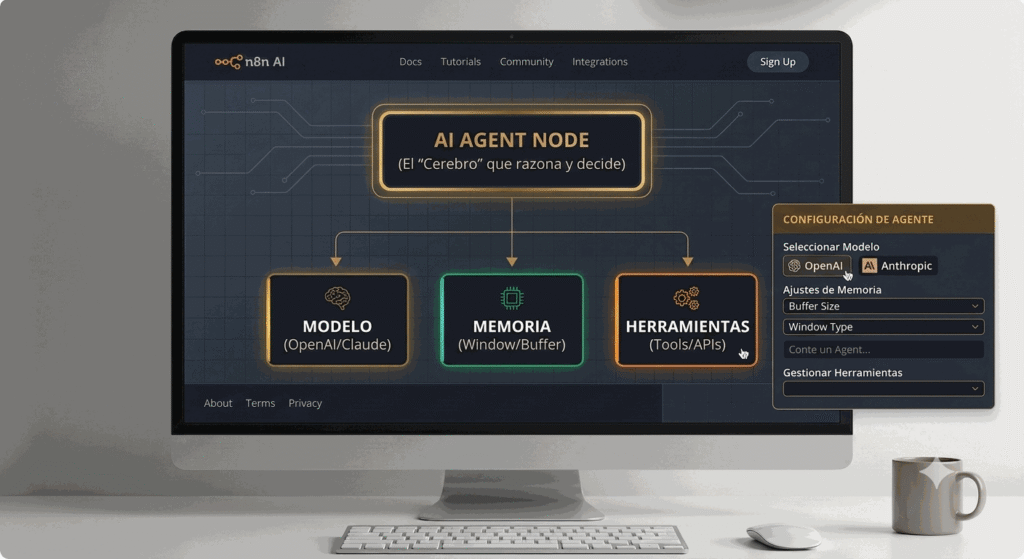 Nodo AI Agent en n8n conectado a tres sub-nodos: Modelo (OpenAI/Claude), Memoria (Window/Buffer) y Herramientas (Tools/APIs)