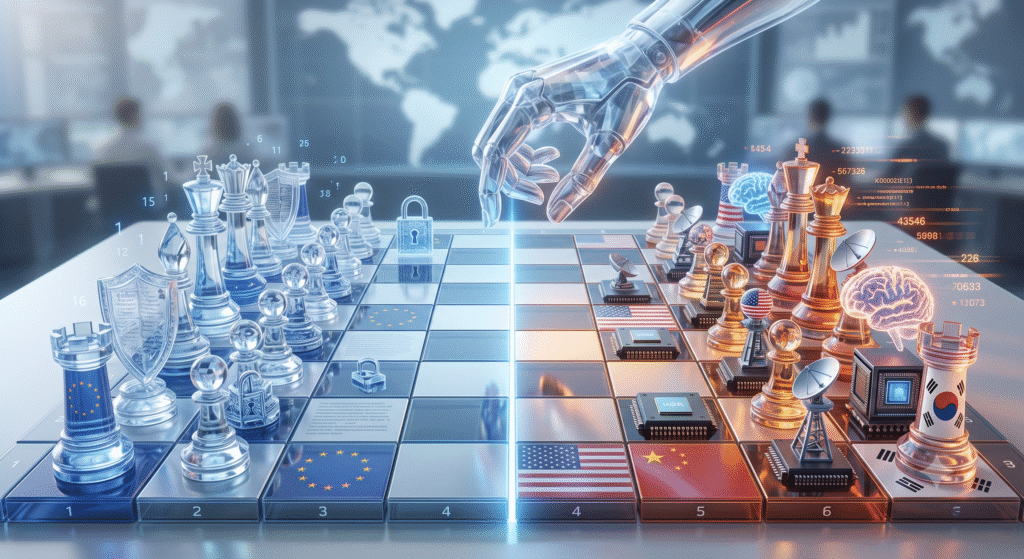 Tablero de ajedrez con banderas de la UE, EEUU, China y Corea del Sur representando la carrera geopolítica por la Inteligencia Artificial
