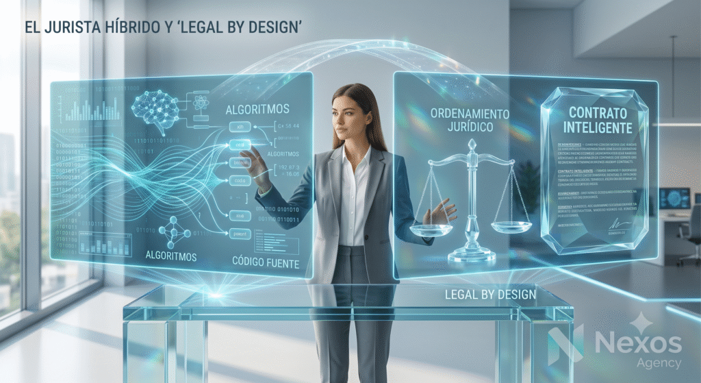 Jurista híbrida trabajando con hologramas de algoritmos, ordenamiento jurídico y contratos inteligentes, representando el principio de Legal by Design